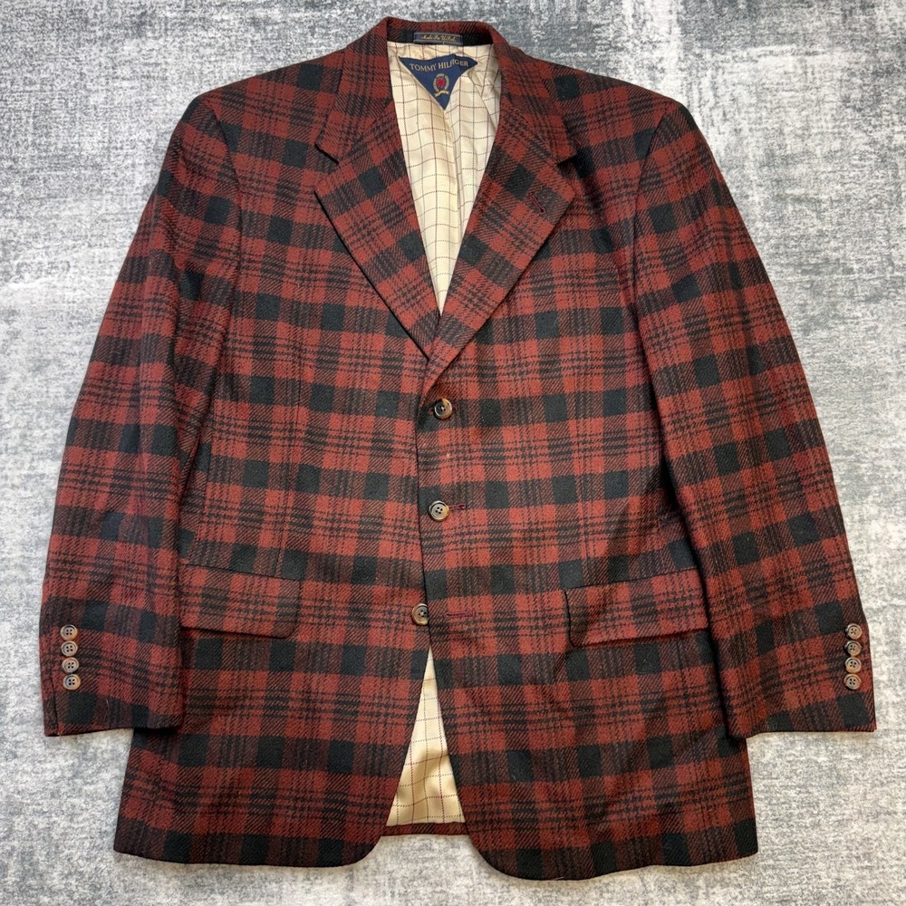 VTG Tommy Hilfiger Blazer Jacket Mens 42 Red Plaid‎ Tweed Wool Sport Coat Preppy